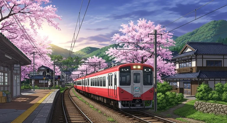 Japanese anime railway 4K background image for widescreen laptops and PCs