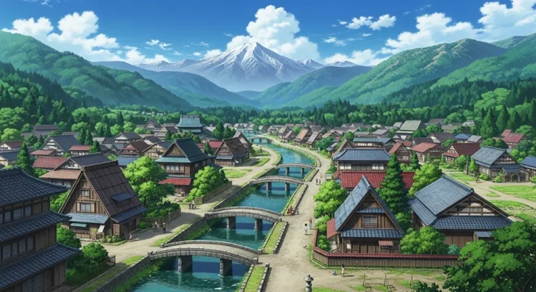 Scenic anime village HD wallpaper in 4K resolution for computer and notebook screens