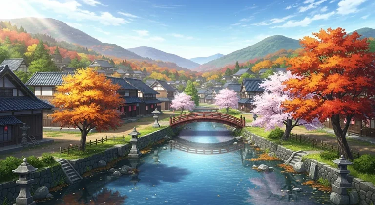 Anime village aesthetic wallpaper in 4K ultra HD for laptop and desktop screens