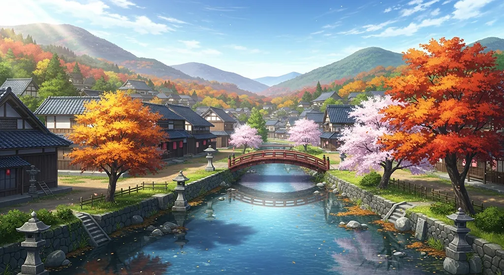 Anime village aesthetic wallpaper in 4K ultra HD for laptop and desktop screens