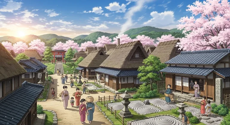 Anime village wallpaper in 4K resolution, perfect for laptop and desktop setup
