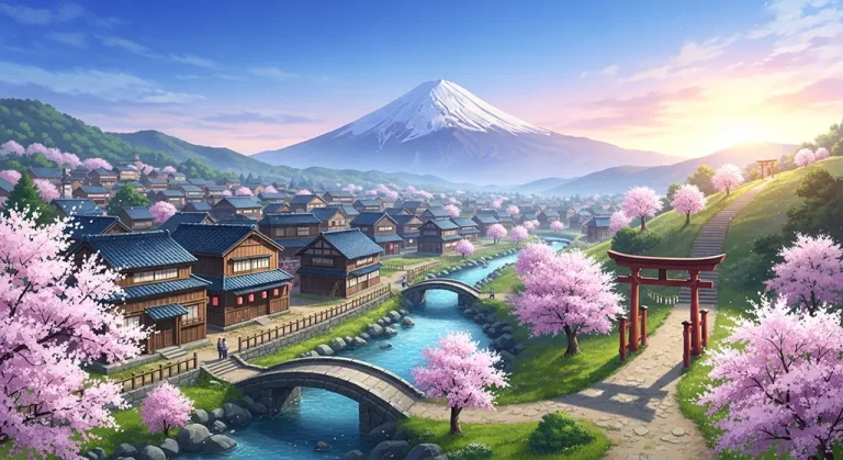 Aesthetic anime village 4K wallpaper for computer screen backgrounds