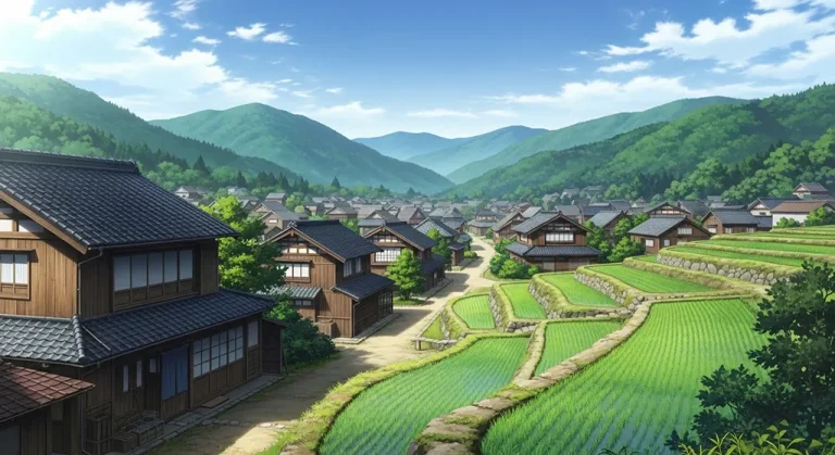 Anime village stylish 4K desktop wallpaper for laptop background display