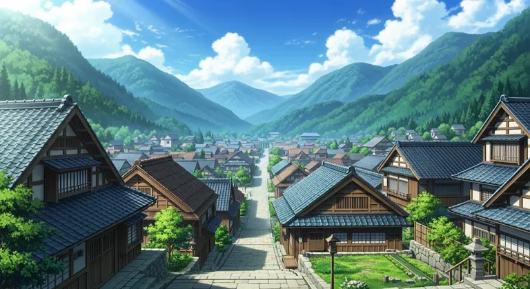 Stylish anime village desktop wallpaper, 4K ultra HD for laptop display