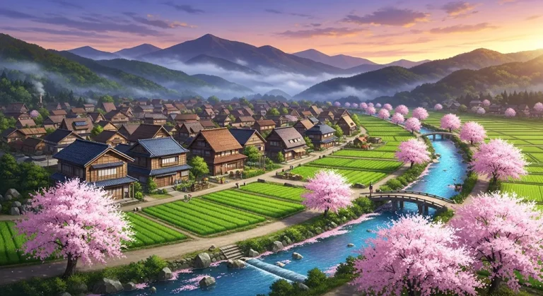 Anime village in 4K resolution wallpaper, optimized for desktop PC and notebook