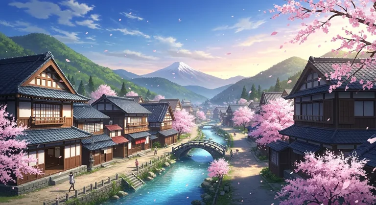 Cool anime village 4K wallpaper design for laptops and desktop PCs