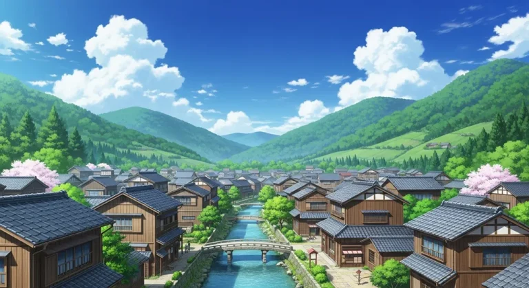 Aesthetic anime village 4K wallpaper for computer screen backgrounds