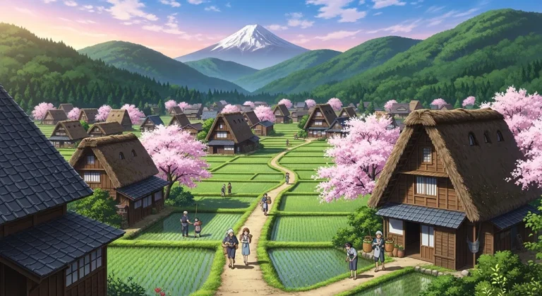 Aesthetic anime village 4K wallpaper for computer screen backgrounds