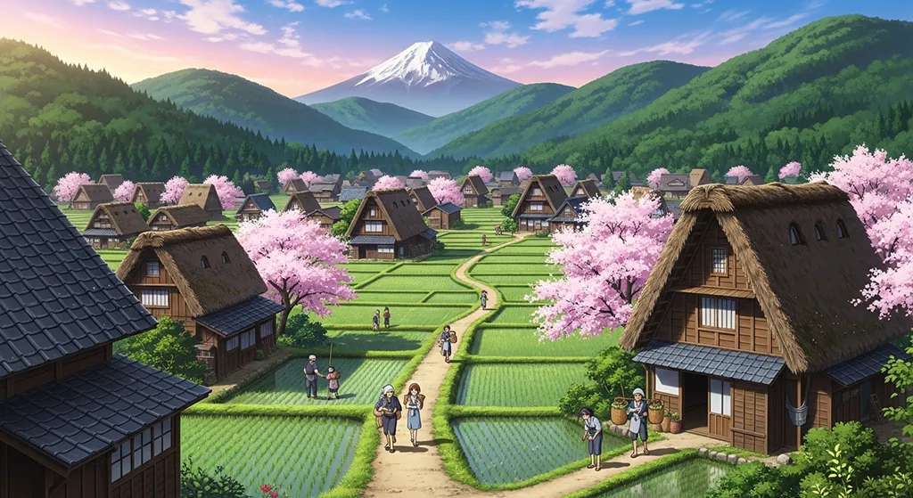 Aesthetic anime village 4K wallpaper for computer screen backgrounds