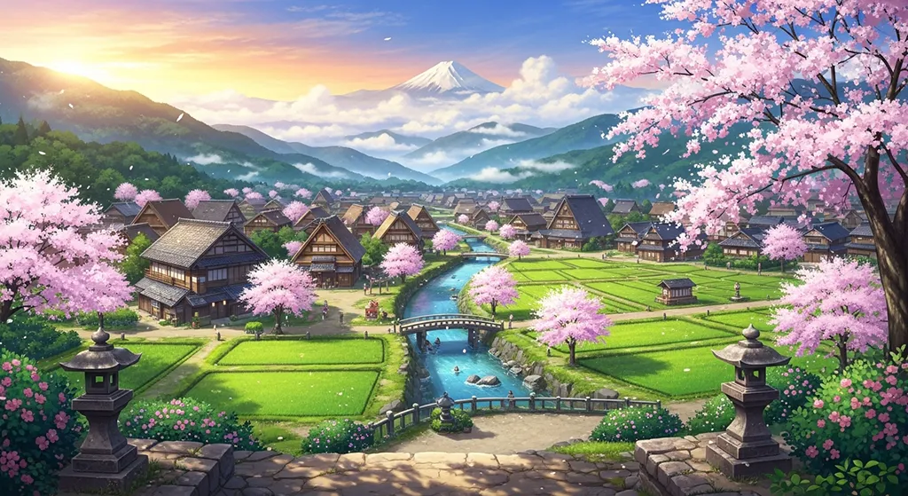 Anime village ultra HD desktop wallpaper in 4K resolution for computer screens