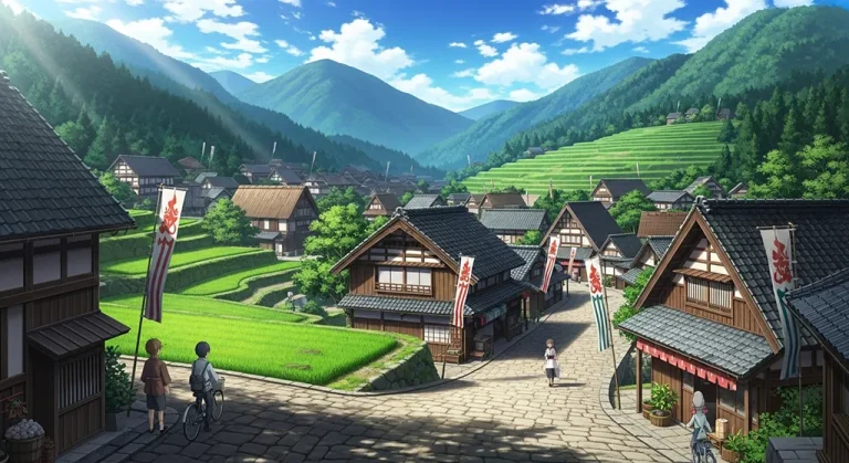 Anime village detailed 4K desktop wallpaper, high-resolution background image