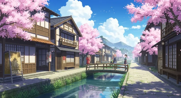 Scenic anime village HD wallpaper in 4K resolution for computer and notebook screens