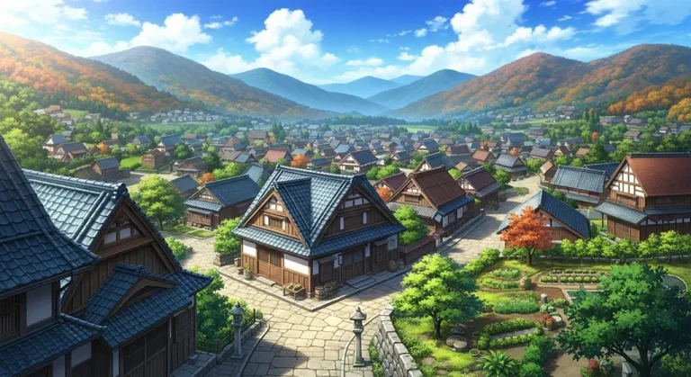 Anime village detailed 4K desktop wallpaper, high-resolution background image