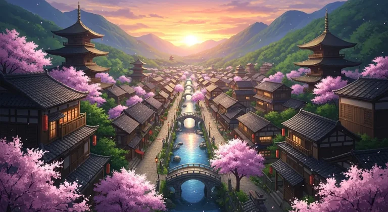 Scenic anime village HD wallpaper in 4K resolution for computer and notebook screens