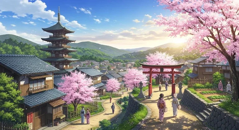 Anime village 4K wallpaper for desktop PC and laptop, Japanese countryside background