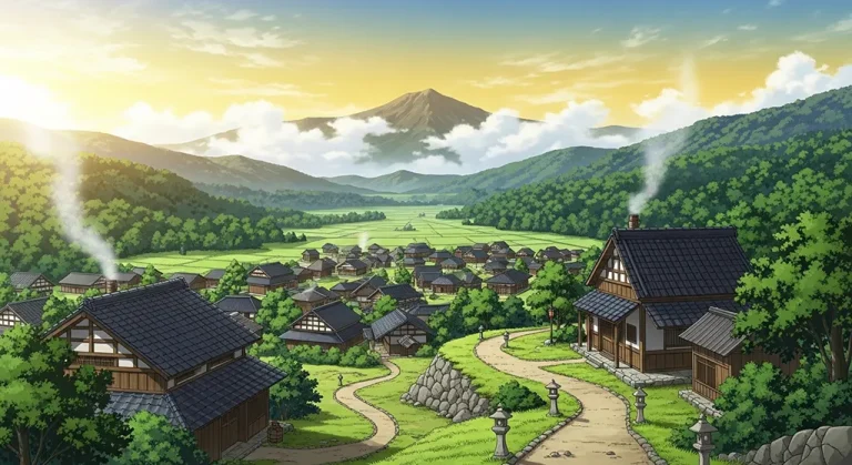 Anime village in 4K resolution wallpaper, optimized for desktop PC and notebook