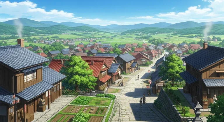 Anime village aesthetic wallpaper in 4K ultra HD for laptop and desktop screens