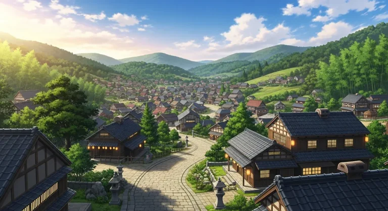 Cool anime village 4K wallpaper design for laptops and desktop PCs