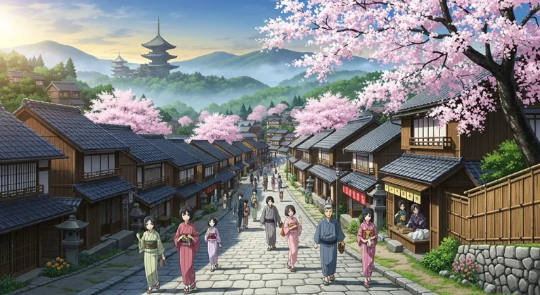 Scenic anime village HD wallpaper in 4K resolution for computer and notebook screens