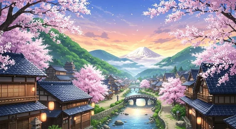 Anime village in 4K resolution wallpaper, optimized for desktop PC and notebook