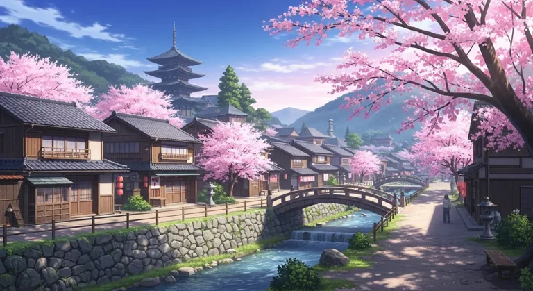 Stylish anime village desktop wallpaper, 4K ultra HD for laptop display