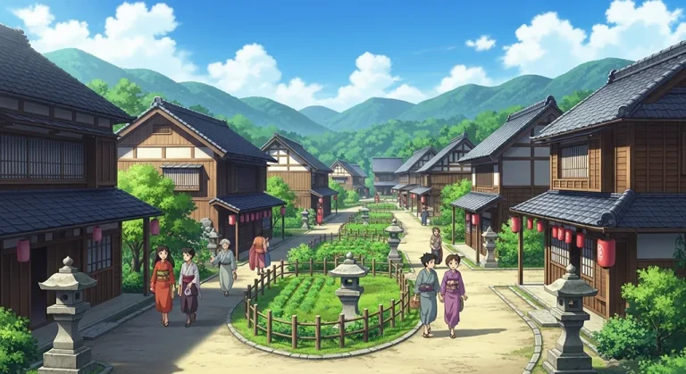 Aesthetic anime village 4K wallpaper for computer screen backgrounds