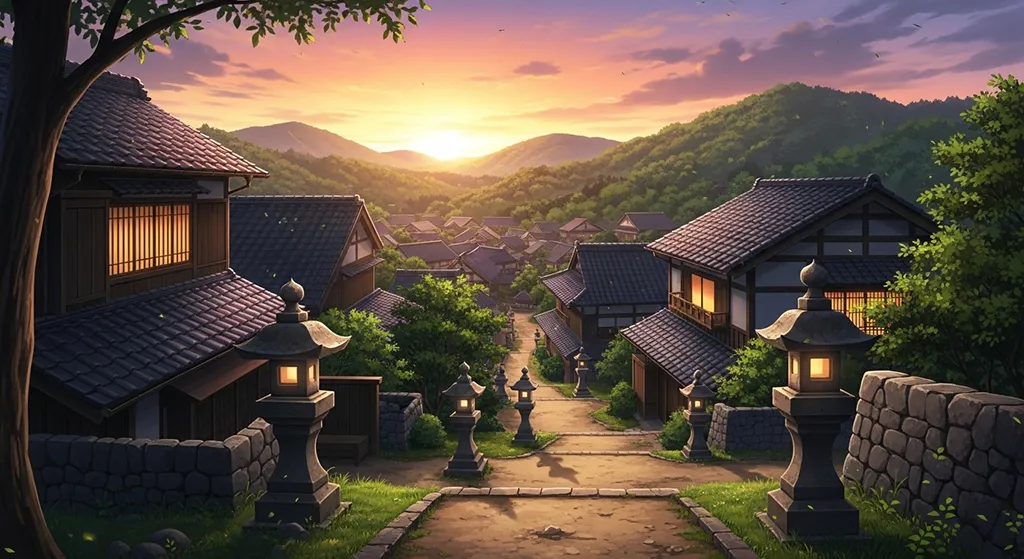 Scenic anime village HD wallpaper in 4K resolution for computer and notebook screens
