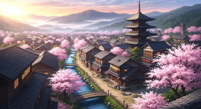 Aesthetic anime village 4K wallpaper for computer screen backgrounds