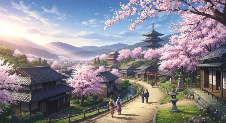 Aesthetic anime village ultra HD 4K wallpaper background for laptop display