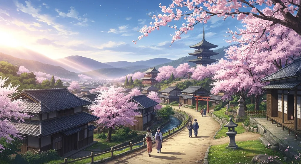Aesthetic anime village ultra HD 4K wallpaper background for laptop display