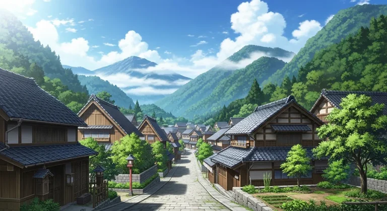 Anime village aesthetic wallpaper in 4K ultra HD for laptop and desktop screens