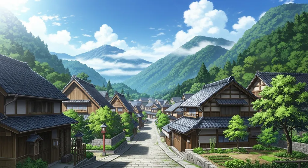 Anime village aesthetic wallpaper in 4K ultra HD for laptop and desktop screens