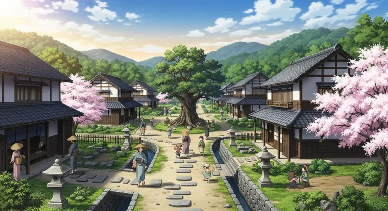 Aesthetic anime village ultra HD 4K wallpaper background for laptop display