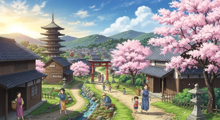 Anime village in 4K resolution wallpaper, optimized for desktop PC and notebook