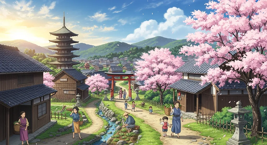 Anime village in 4K resolution wallpaper, optimized for desktop PC and notebook