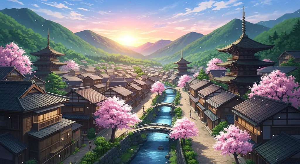 Aesthetic anime village ultra HD 4K wallpaper background for laptop display