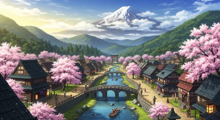 High-quality anime village 4K wallpaper image for desktop monitor backgrounds