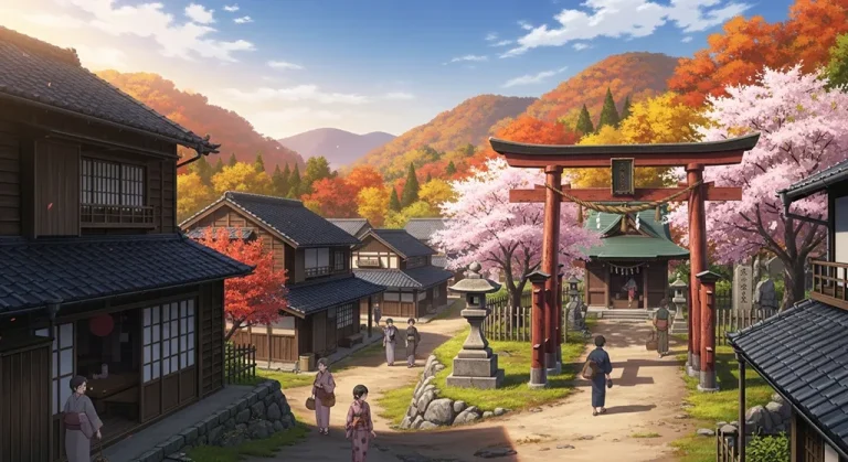 Cool Japanese anime village HD wallpaper in 4K for laptop and desktop screens
