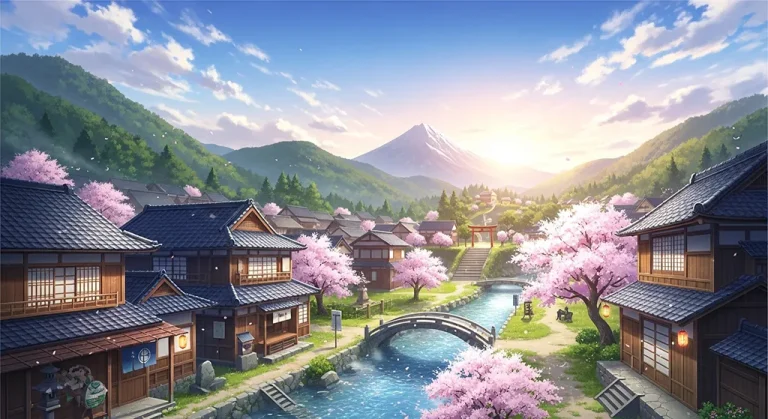 Cool anime village 4K wallpaper design for laptops and desktop PCs