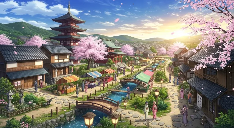 Anime village 4K HD wallpaper image for widescreen desktop PCs and laptops