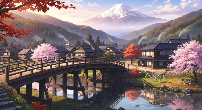 Anime village aesthetic wallpaper in 4K ultra HD for laptop and desktop screens