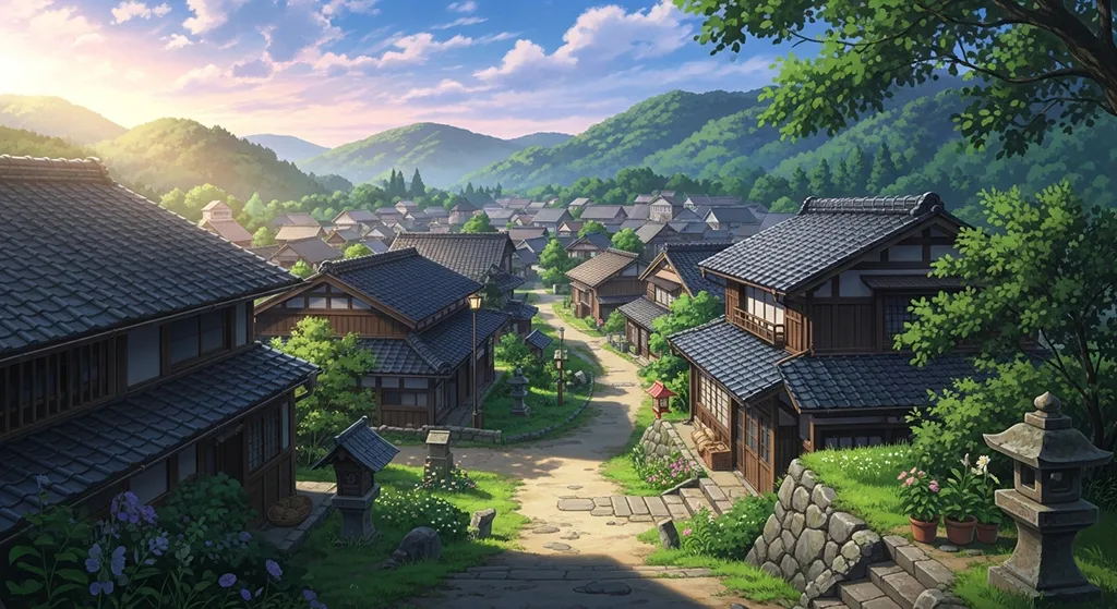 Anime village 4K HD wallpaper image for widescreen desktop PCs and laptops