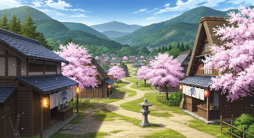 Aesthetic anime village ultra HD 4K wallpaper background for laptop display