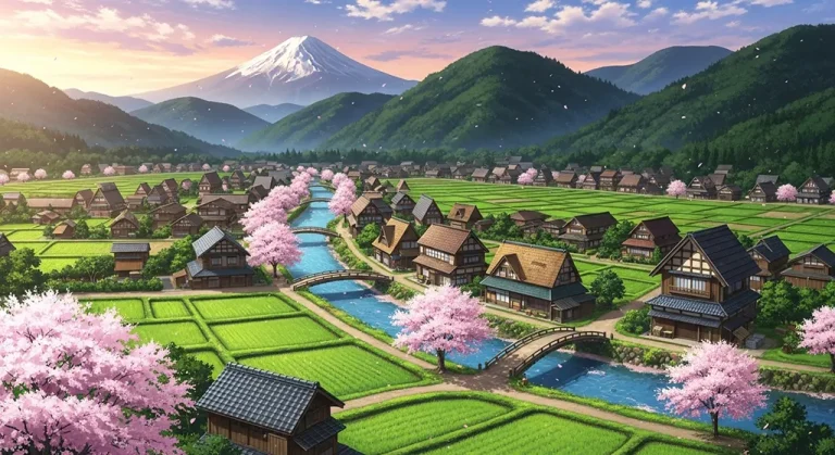 Stylish anime village desktop wallpaper, 4K ultra HD for laptop display