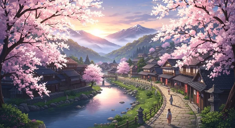 Anime village 4K wallpaper for desktop PC and laptop, Japanese countryside background