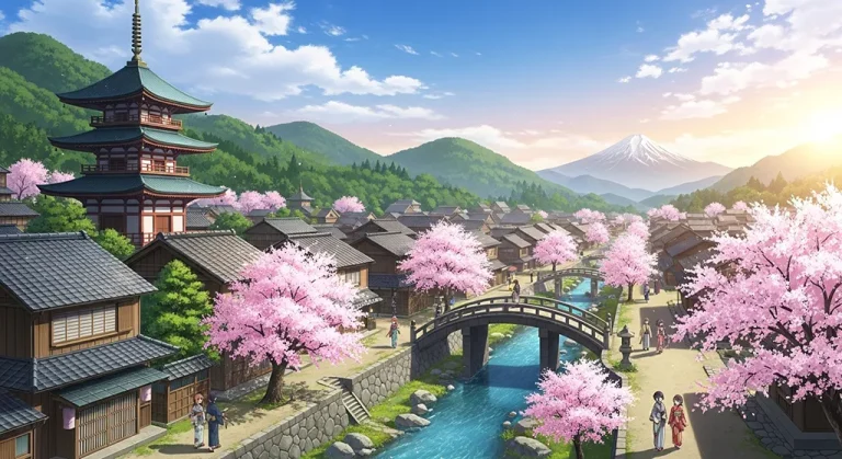 High-quality anime village 4K wallpaper image for desktop monitor backgrounds