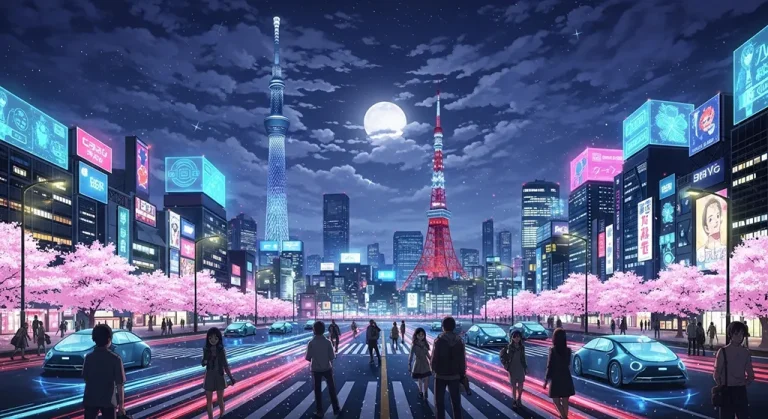 Aesthetic anime city ultra HD 4K wallpaper background for laptop display