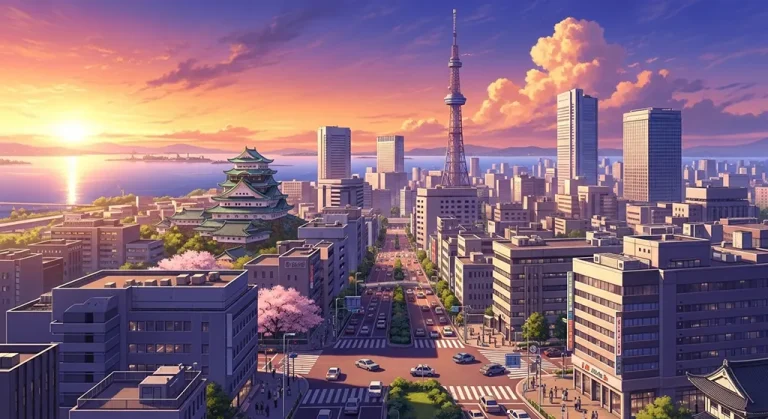 Anime city stylish ultra HD 4K background wallpaper for desktops and PCs