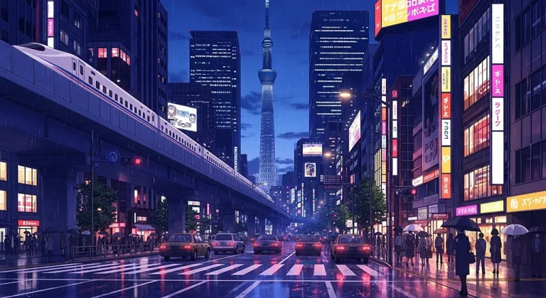 Anime city aesthetic wallpaper in 4K ultra HD for laptop and desktop screens