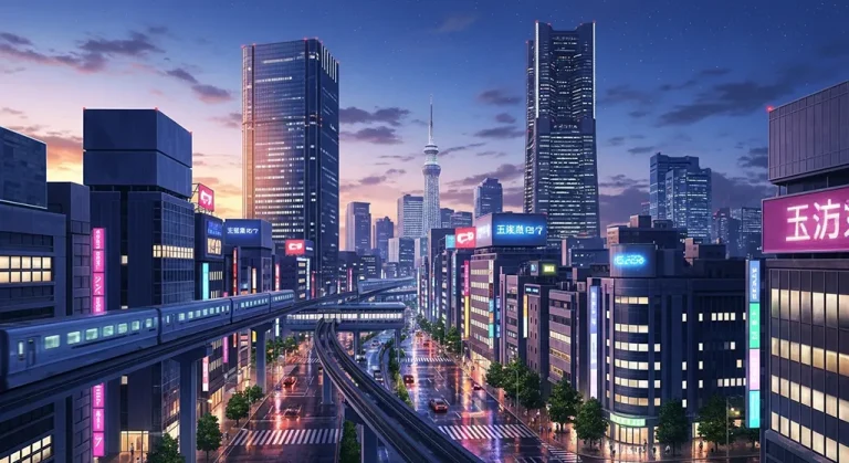 Anime city aesthetic wallpaper in 4K ultra HD for laptop and desktop screens